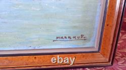 Oil painting on wood tableau of marine boats, fishing return