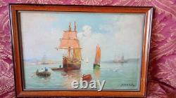 Oil painting on wood tableau of marine boats, fishing return