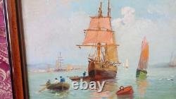 Oil painting on wood tableau of marine boats, fishing return