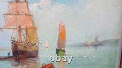 Oil painting on wood tableau of marine boats, fishing return