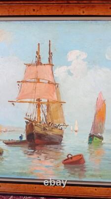 Oil painting on wood tableau of marine boats, fishing return