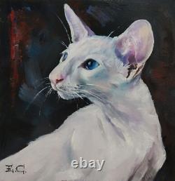 Oil painting on wooden panel Portrait of a white oriental cat