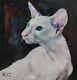 Oil Painting On Wooden Panel Portrait Of A White Oriental Cat