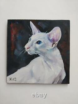 Oil painting on wooden panel Portrait of a white oriental cat