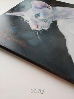 Oil painting on wooden panel Portrait of a white oriental cat