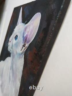 Oil painting on wooden panel Portrait of a white oriental cat