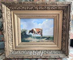 Oil painting on wooden panel depicting a cow and chickens in the meadow