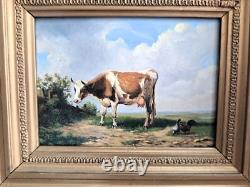 Oil painting on wooden panel depicting a cow and chickens in the meadow