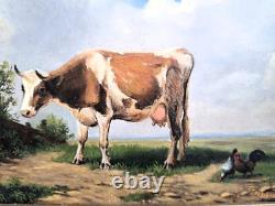 Oil painting on wooden panel depicting a cow and chickens in the meadow