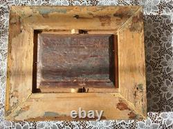 Oil painting on wooden panel depicting a cow and chickens in the meadow