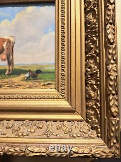 Oil painting on wooden panel depicting a cow and chickens in the meadow