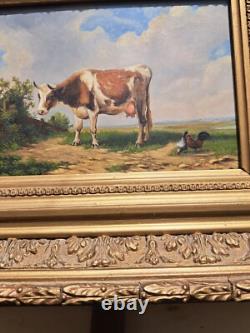 Oil painting on wooden panel depicting a cow and chickens in the meadow