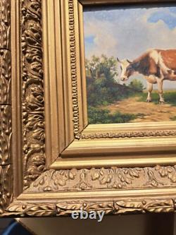 Oil painting on wooden panel depicting a cow and chickens in the meadow