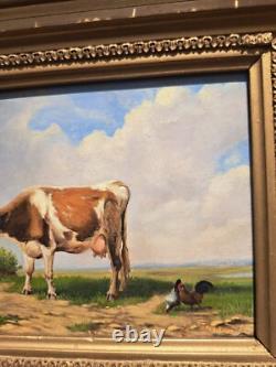 Oil painting on wooden panel depicting a cow and chickens in the meadow