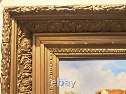 Oil painting on wooden panel depicting a cow and chickens in the meadow