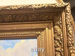 Oil painting on wooden panel depicting a cow and chickens in the meadow