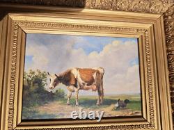 Oil painting on wooden panel depicting a cow and chickens in the meadow