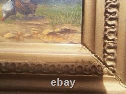 Oil painting on wooden panel depicting a cow and chickens in the meadow