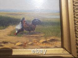 Oil painting on wooden panel depicting a cow and chickens in the meadow