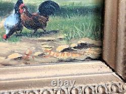 Oil painting on wooden panel representing a cow and chickens in the meadow