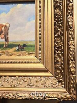 Oil painting on wooden panel representing a cow and chickens in the meadow