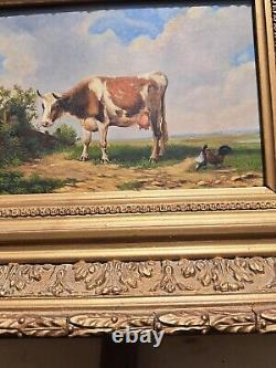 Oil painting on wooden panel representing a cow and chickens in the meadow