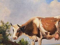 Oil painting on wooden panel representing a cow and chickens in the meadow