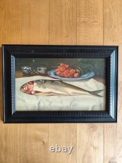 Oil painting on wooden panel still life with fish