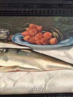 Oil painting on wooden panel still life with fish