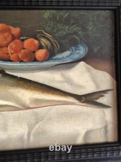 Oil painting on wooden panel still life with fish
