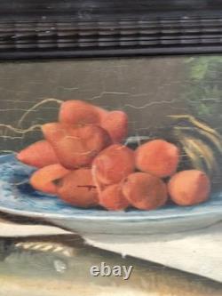 Oil painting on wooden panel still life with fish