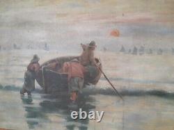 Oil-signed Old Painting On A Wooden Panel Representing Fishermen