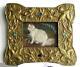 Old Art Deco Frame Wood And Brass Painting Oil On Canvas White Cat