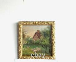 Old Frame Golden Wood Oil Painting on Canvas Sheep in the Countryside