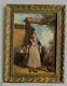 Old Gilded Wooden Frame Oil Painting On Canvas Peasants, Children And Dog