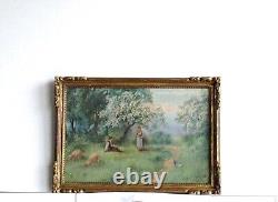Old Gilded Wooden Frame Oil Painting on Canvas of Peasants and Sheep