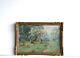 Old Gilded Wooden Frame Oil Painting On Canvas Of Peasants And Sheep