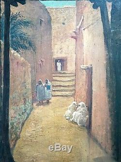 Old Hsp Painting Animated Street Scene Orientalist Medina Morocco 1900