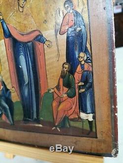 Old Icon Oil S / Wood Russian Orthodox Greek Virgin Saints Baptism Late Nineteenth