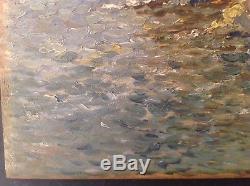 Old Impressionist Painting Marine Boat Coastal Oil On Wood Signed