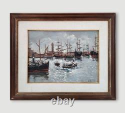Old Italian Port Scene with Sailboats, Marina, Signed Oil Painting