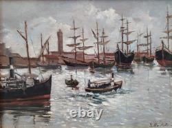 Old Italian Port Scene with Sailboats, Marina, Signed Oil Painting
