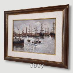 Old Italian Port Scene with Sailboats, Marina, Signed Oil Painting