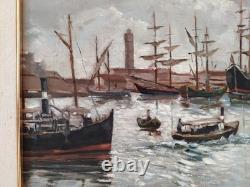 Old Italian Port Scene with Sailboats, Marina, Signed Oil Painting