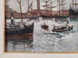 Old Italian Port Scene with Sailboats, Marina, Signed Oil Painting