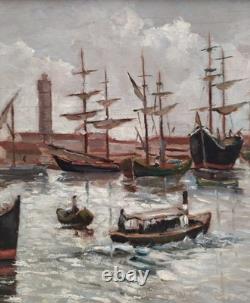 Old Italian Port Scene with Sailboats, Marina, Signed Oil Painting