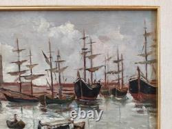 Old Italian Port Scene with Sailboats, Marina, Signed Oil Painting