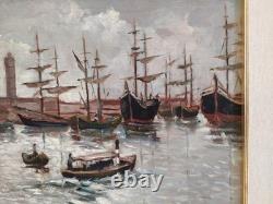 Old Italian Port Scene with Sailboats, Marina, Signed Oil Painting