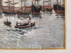 Old Italian Port Scene with Sailboats, Marina, Signed Oil Painting