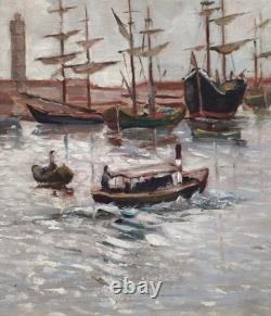 Old Italian Port Scene with Sailboats, Marina, Signed Oil Painting